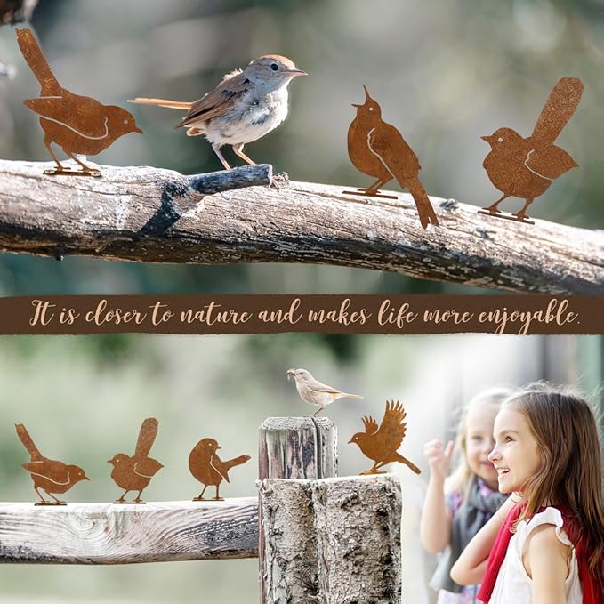 5PCS Rusty Birds Decoration, Metal Birds Yard Decor, Metal Birds Craft Statue Ornaments - Garden Sculptures and Yard Art, Fence Decorations Outdoor