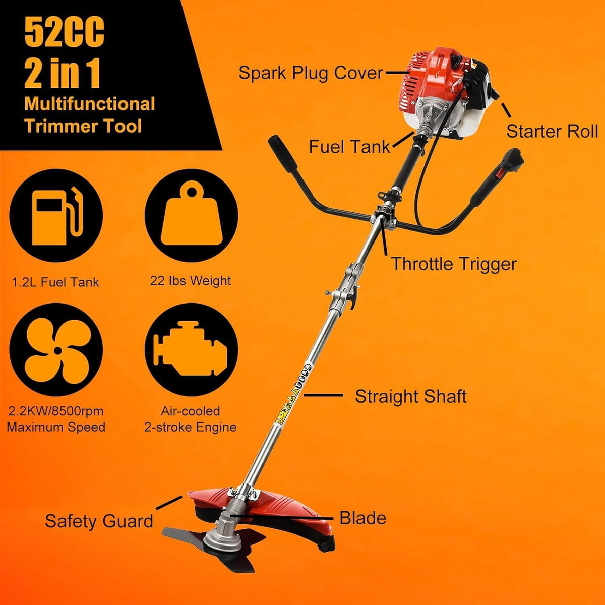 Weed Eater Gas Powered,52cc 2-Stroke Weed Wacker,2 in 1 Multi-Functional Grass Strimmer Petrol Hedge Trimmer,Gas Powered String Trimmer Brush Cutter for Garden Yard 2.2KW/8500rpm