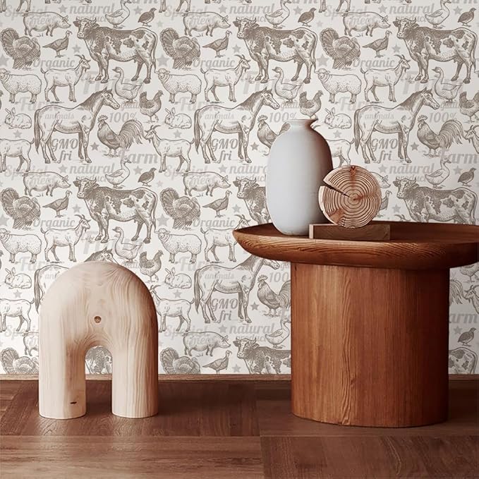 Boho Rustic Farm Animals Cow Rooster Horse Turkey Peel and Stick Wallpaper Self Adhesive Removable Easy Peel Off Stick on Wall Paper for Bedroom Cabinet Renter