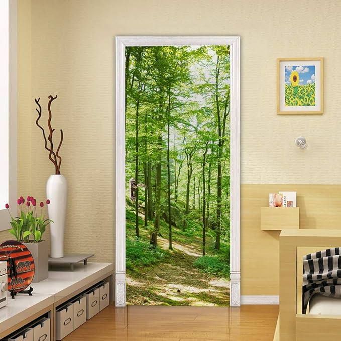 3D Forest Peel & Stick Wall Mural - 34.6 x 78.7 inch - Self-Adhesive, Removable, Waterproof PVC Door Decal for Bedroom & Living Room Wall Decoration
