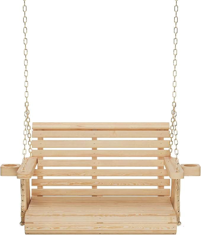 Amish Casual 3 Foot Roll Back Porch Swing with Cup Holders in Unfinished - Amish Made in The USA from Treated Pine Heavy Duty 700 Lb. Weight Capacity