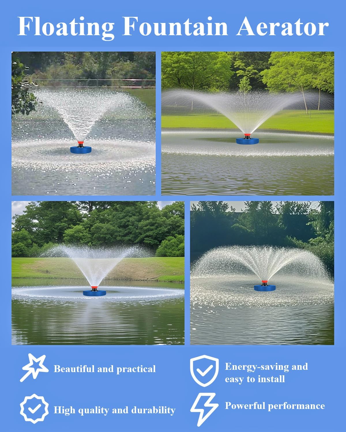 Pond Fountain Aerator 1HP 750W, 110V Floating Fountain with 100FT Power Cord & Digital Timer, 15,000 GPH Water Circulation, 2 Nozzles for Large Ponds, Lakes, Irrigation & Outdoor Water Features