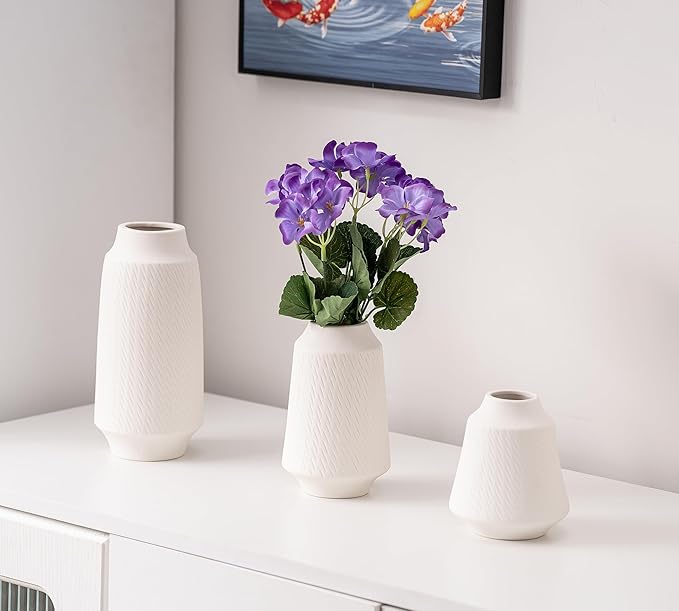 Ceramic Vase Set of 3, Modern Multicolor Pattern Flower Vases for Home Decor, Office, Centerpieces, Boho Farmhouse Style (White)