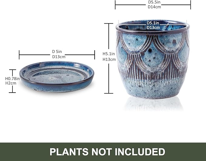 Ceramic Planter Pot, 5in, Reactive Glaze Blue, Indoor Outdoor Usage, with Drainage Hole and Saucer