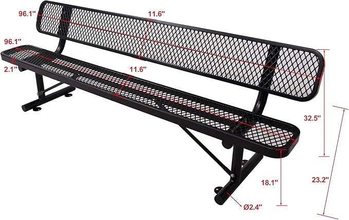 8 FT Heavy Duty Metal Park Bench for Outside, Black Bench with Backrest,4-6 Person Seat, Outdoor Commercial Metal Mesh Benches for Shopping Mall, Lawn, Park, Deck, Garden, Patio, Porch