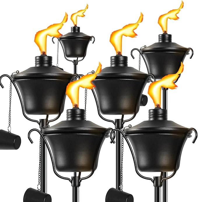 Citronella Torches Set of 6, 3-Prong Grounded Stake Outdoor Torches, 14.5 oz Garden Torches for Outside, 58 inch Outdoor Decorative Torch