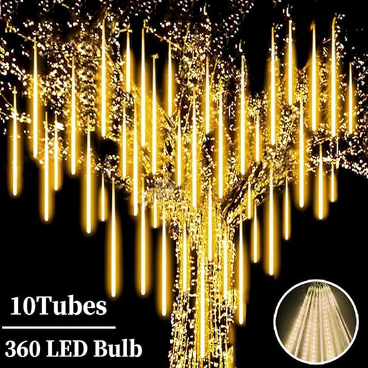 Christmas Meteor Shower Lights Outdoor - 12 Inch 10 Tube 360 LED Falling Rain Snow Icicle Cascading Light for Xmas Tree Garden Roof Eaves Decoration