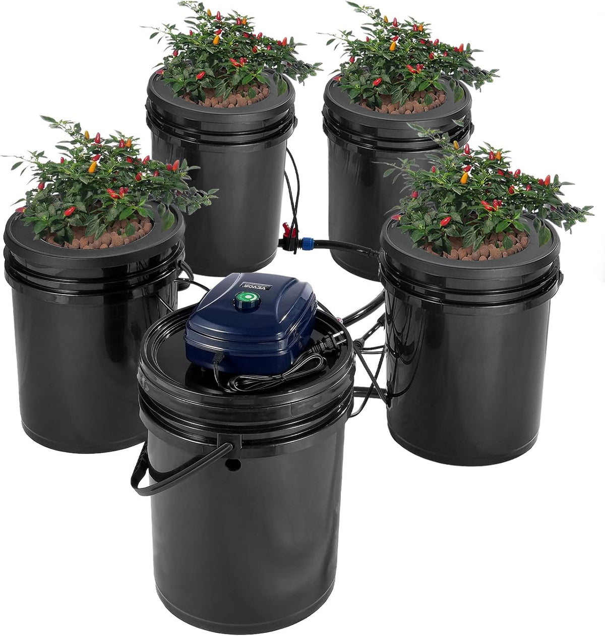 VEVOR RDWC Hydroponics Grow System, Hydroponic Growing Kit with Top Drip, Recirculating Deep Water Culture 4 Buckles and 1 Reservoir, with Air Pump and Water Level Device for Leafy Vegetables