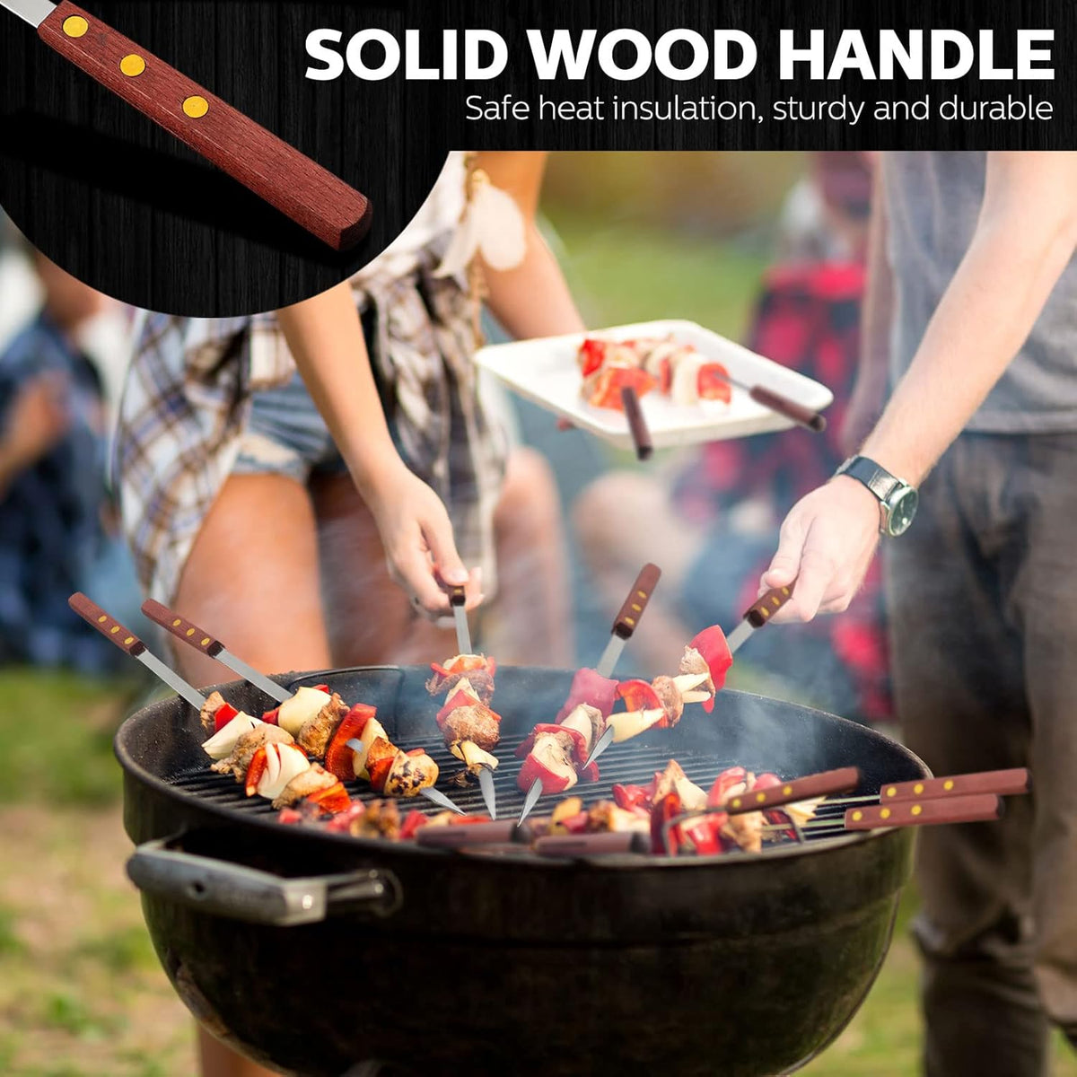 Cunhill 12 Pcs 19.7 Inch Kabob Skewers for Grilling 0.4 Inch Wide Flat Blade Thin Stainless Steel Kabob Sticks Long Barbecue Reusable Metal BBQ Skewers with Wood Handles for Tailgate Party Outdoor