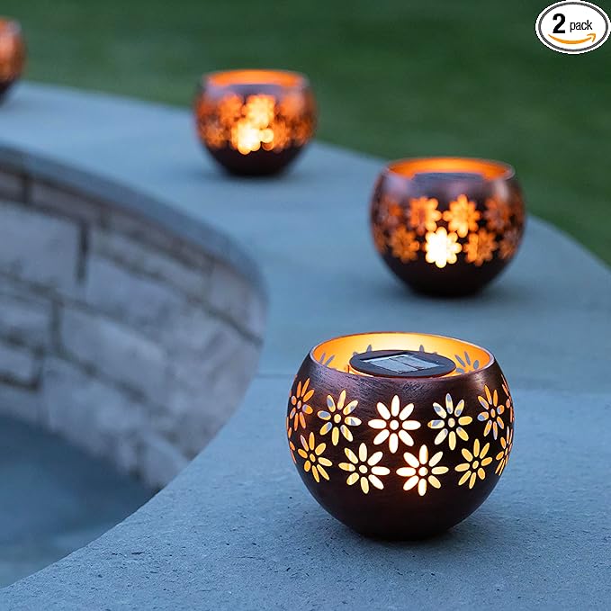 5.4” 2-Pack Decorative Metal Solar Patio Light with Flickering Flame, Waterproof Dusk-to-Dawn Garden Lantern, Bronze/Copper
