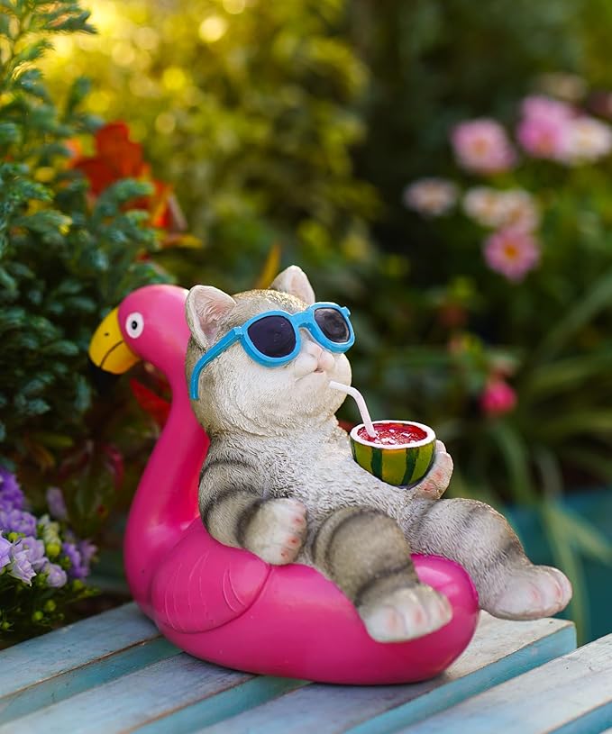 Cat Lying Flamingo Solar Statue: Outdoor Sculptures Clearance for Lawn Porch Patio Balcony Yard - Gifts for Mom Women