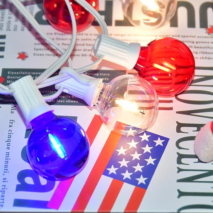 27.8Ft G40 Red White and Blue Lights String with 28 Shatterproof LED Globe Bulbs, for Memorial Day 4th of July Decorations Outdoor & Patriotic Decorations Lights for Home Party Patio Gazebo, 0.6W