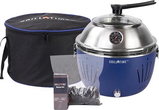 GrillTime Tailgater GT Hood Combo 13 Inch - Portable Charcoal Grill with Hood, Small Tabletop Grill for Tailgate Parties, Camping, Beach BBQ, Blue