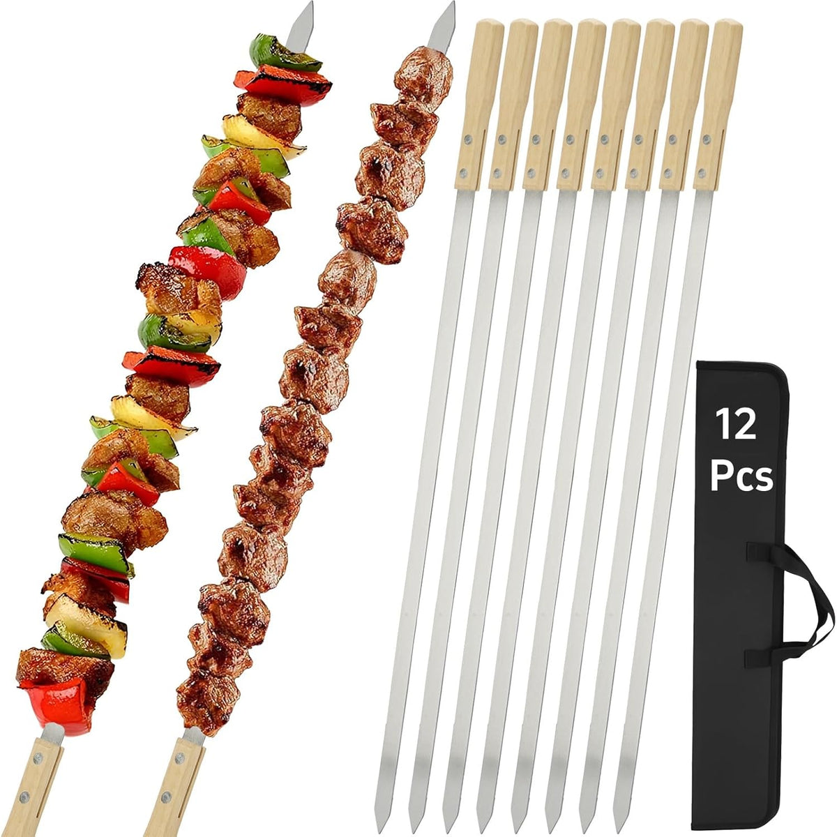 SHIKORI Kabob Skewers,BBQ Barbecue Skewers,Stainless Steel Sticks,23 Inch Heavy Duty Large Wide Reusable,with Nonslip Wooden-12 Pcs
