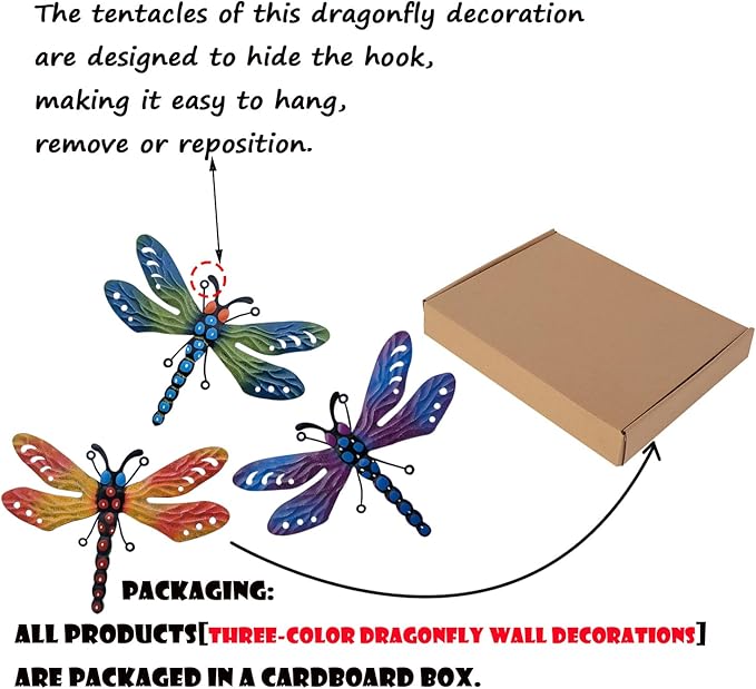 3 Pcs Metal Dragonfly Wall Decor, Colorful Metal Dragonfly Panel, Elegant Butterfly Wall Art - Home Office Garden Decor