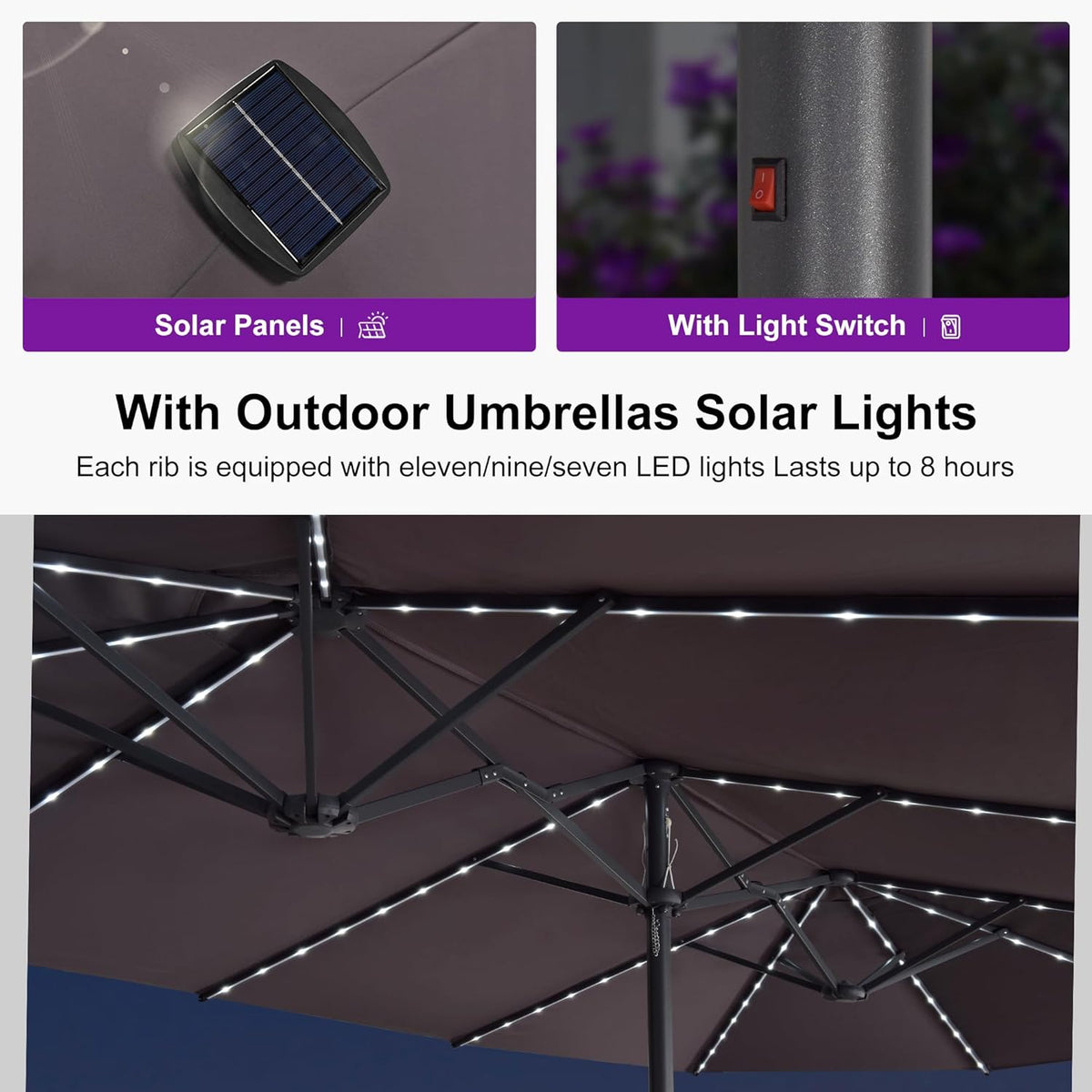 PURPLE LEAF 14ft Patio Umbrella with Solar Lights Outdoor Double-Side Market Umbrella with Base Included Rectangle Table Umbrella for Pool Garden Backyard, Light Grey