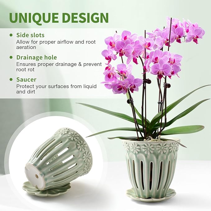 5" Ceramic Orchid Pots with Holes | Crackle Glazed Orchid Pot with Drainage and Separate Saucer | Ideal Plant Pot for Repotting Orchids and Other Flowers(Green)