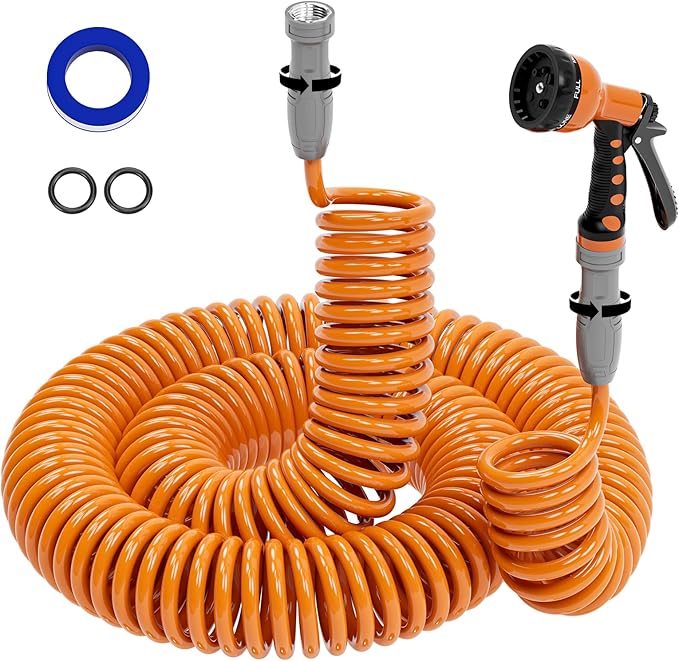 3/8” Lightweight Coil Garden Hose 100 FT, EVA Retractable Curly Water Pipe with 6-Pattern Spray Nozzle for Boat, Greenhouse, Yard, Patio (Orange)