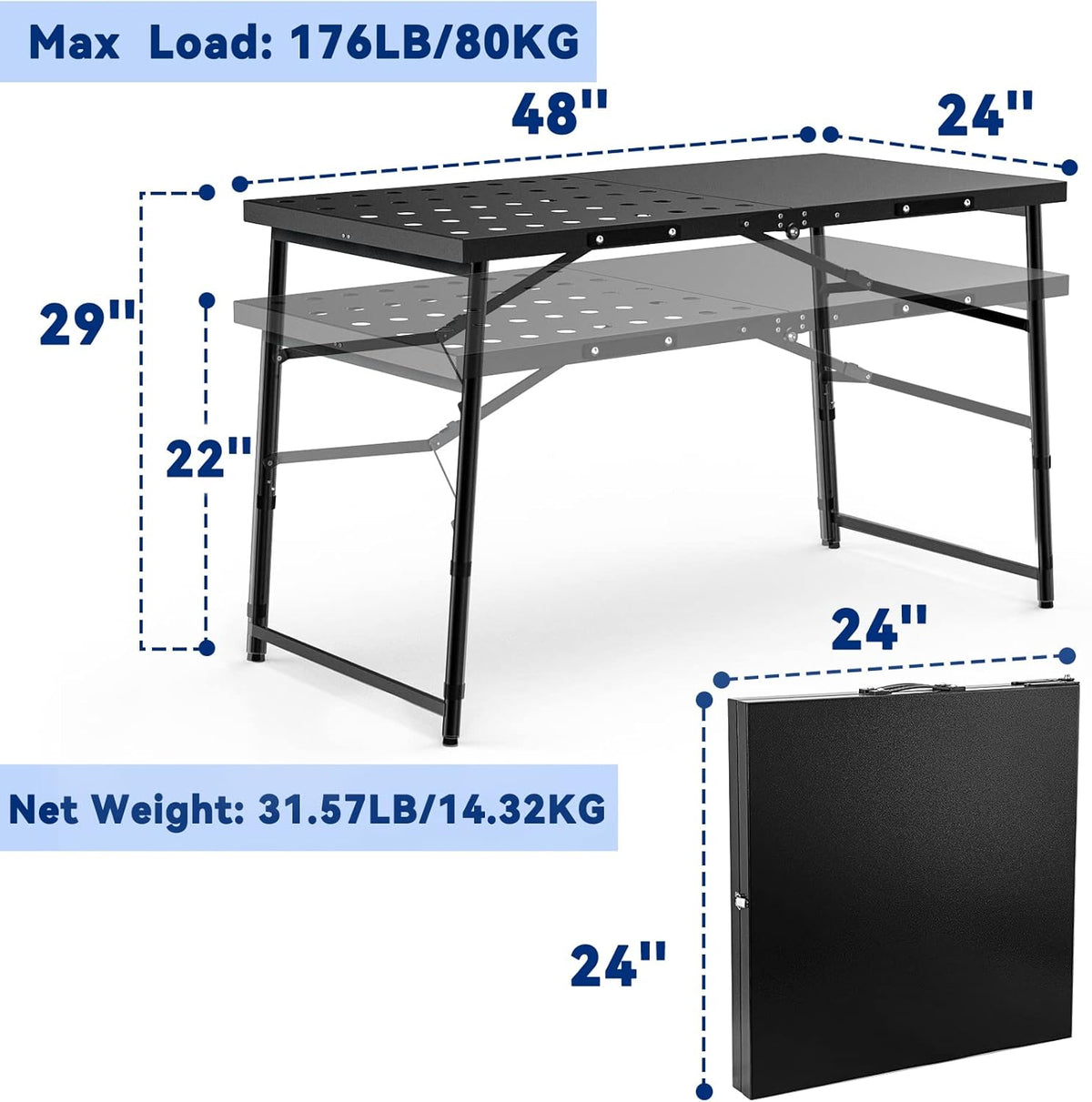 Skyflame Folding Camping Table with Adjustable Height Legs, Black Metal Portable Outdoor Grill Stand Table with Handle for BBQ, Grilling, Camping Trip, RV, Picnic, Backyards, Tailgating
