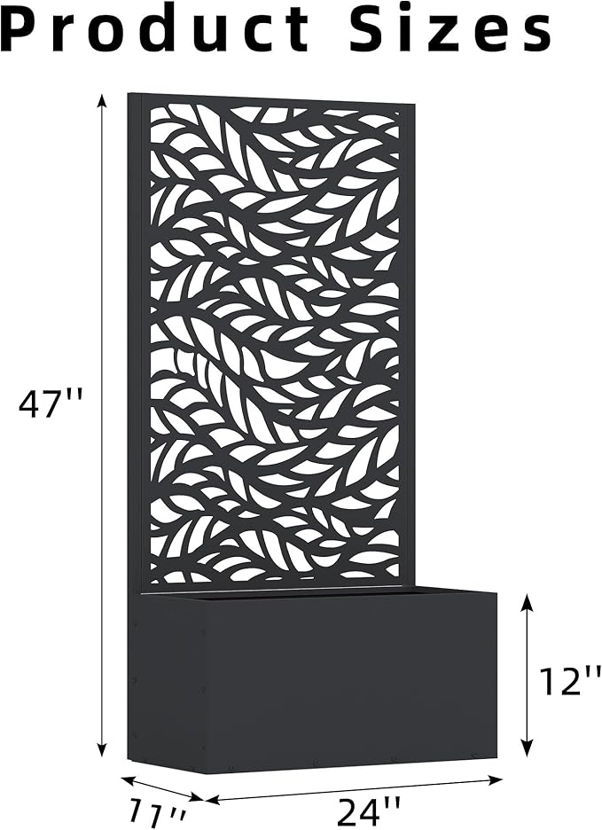 Casaphoria Metal Raised Garden Bed with Trellis and Wheels, 47"x24"x12" Planter Box for Climbing Plants, Vegetables & Vines, Features Drainage Holes and Privacy Screen (Black-Spring)