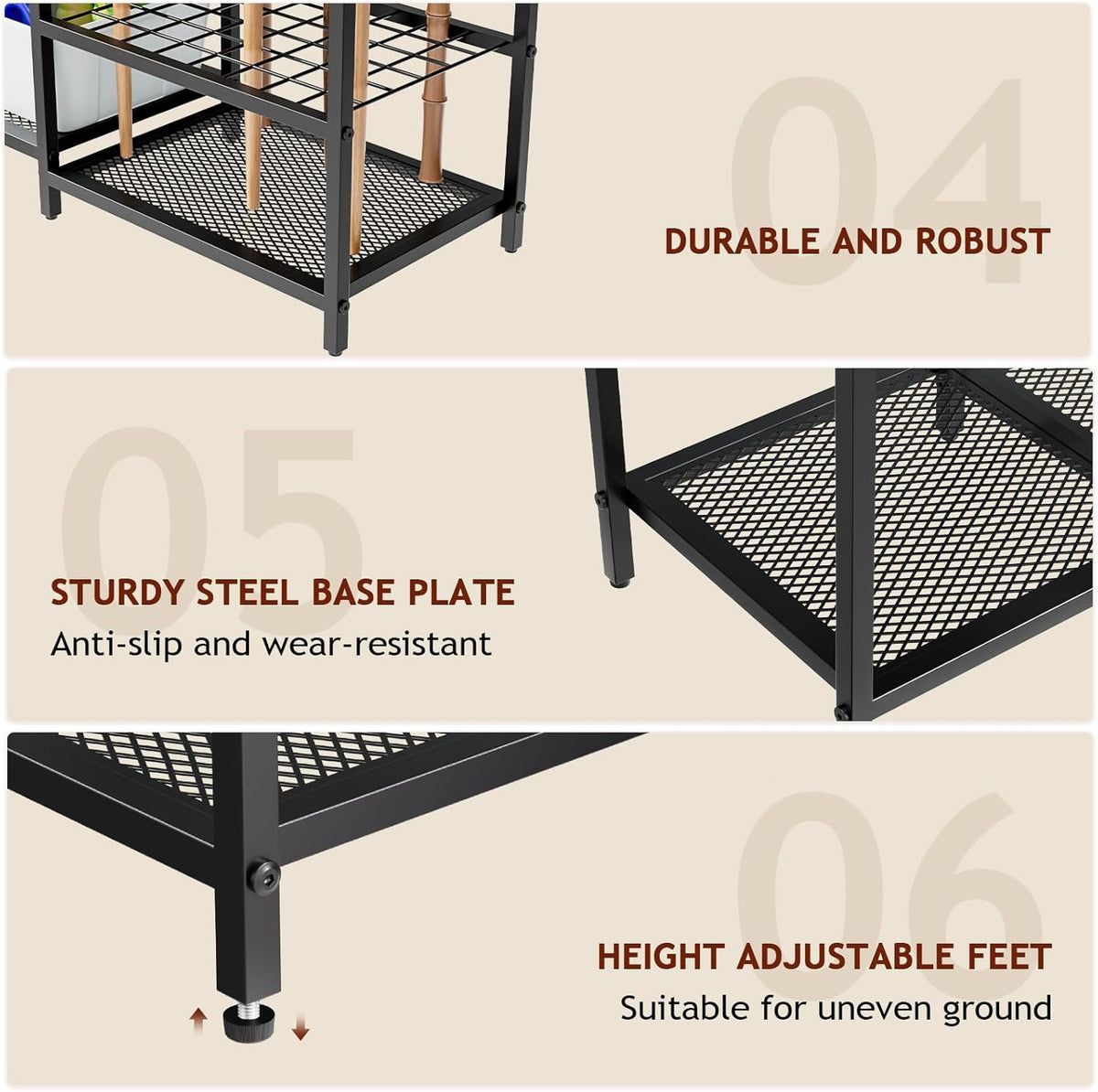 Garden Garage Tool Organizer - with 3-tier Shelves, Yard Tool Organizer for Garage with 4 Hooks, Heavy duty Steel Garden Tool Rack Holds up to 48 Long Handled Yard tools for Storage