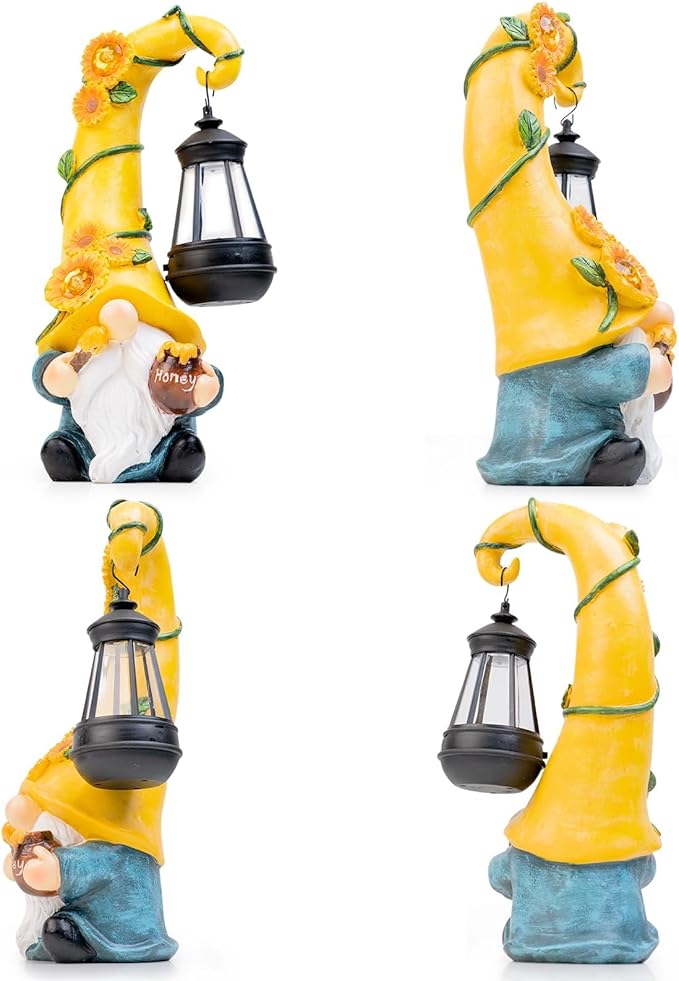 12" Solar Gnome Garden Statues Honey Bee jar Decor with LED Lantern Outdoor Spring Gnomes Decorations Patio Yard Balcony Art Gifts for Women Mom Grandma