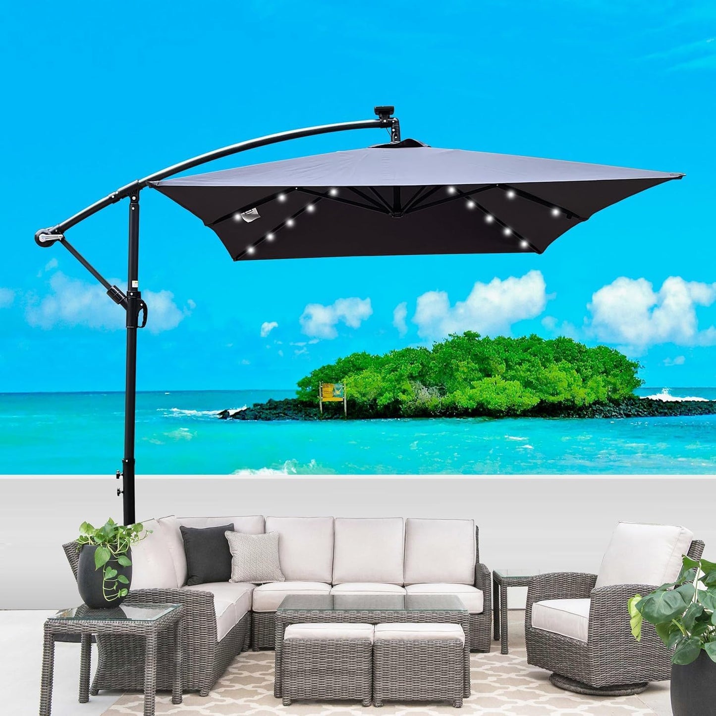 10x6.5FT Patio Umbrella, Outdoor Offset Umbrella with Cross Base and Crank, Rectangular Cantilever Umbrella with Solar Lights, Hanging Market Umbrella with 6 Rids for Pool, Deck, Backyard (Anthracite)