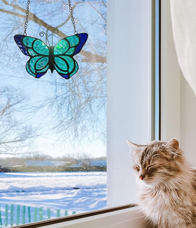 Blue Butterfly Suncatcher Stained Glass Window Hanging Panel Christmas Decor,Glass Butterfly Gift for Mom, Women 5.9×5.3Inch