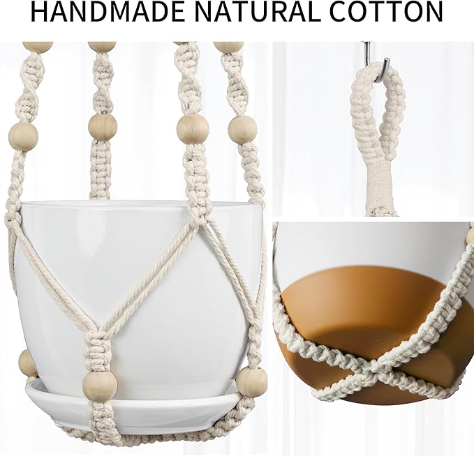 3 Pack Macrame Plant Hanger - 43"/35"/29" Different Sizes, Hanging Planter Basket Flower Pot Holder for Indoor Outdoor, with Wood Beads, Boho Home Decor, Ivory (POTS NOT Included)