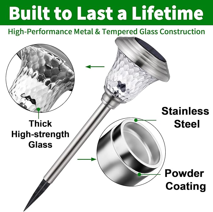 BEAU JARDIN 8 Pack Solar Pathway Lights Outdoor Stainless Steel Lights Solar Powered Waterproof Glass High Lumen Garden Landscape Path Yard Walkway Driveway Outside Color Changing Cool White Silver