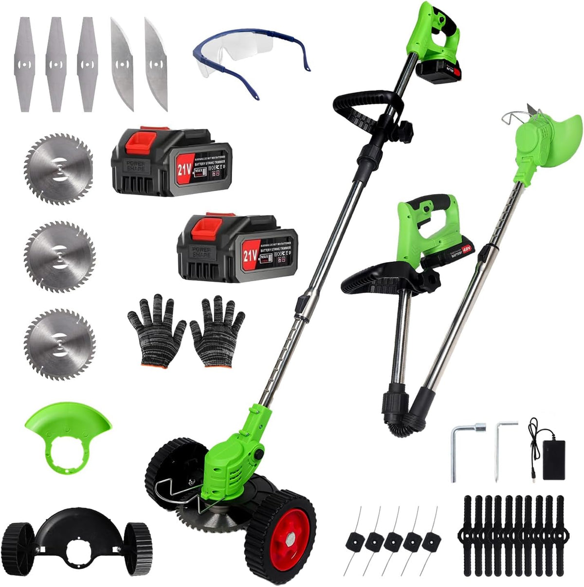 Electric Weed Wacker Cordless Eater 2 Battery,Foldable and Lightweight Grass Trimmer/Brush Cutter,5 Types Blade&Wheels 21V 4.0Ah Battery (2 Pieces) Powered for Garden and Yard (Foldable)