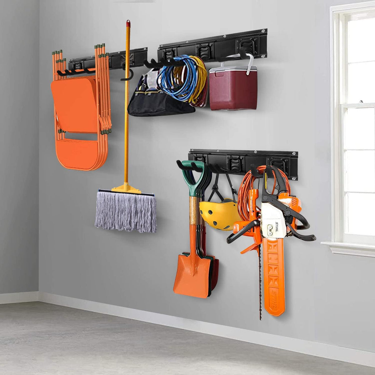 Tool Rack Kits, Garage Wall Organization Hanger with 1 Mop Hook and two 8-inch Multi-Purpose Hooks, Garden Yard Shovels Rakes for String Hedge Trimmer Brooms Hoses Folding Chairs ladders, and More