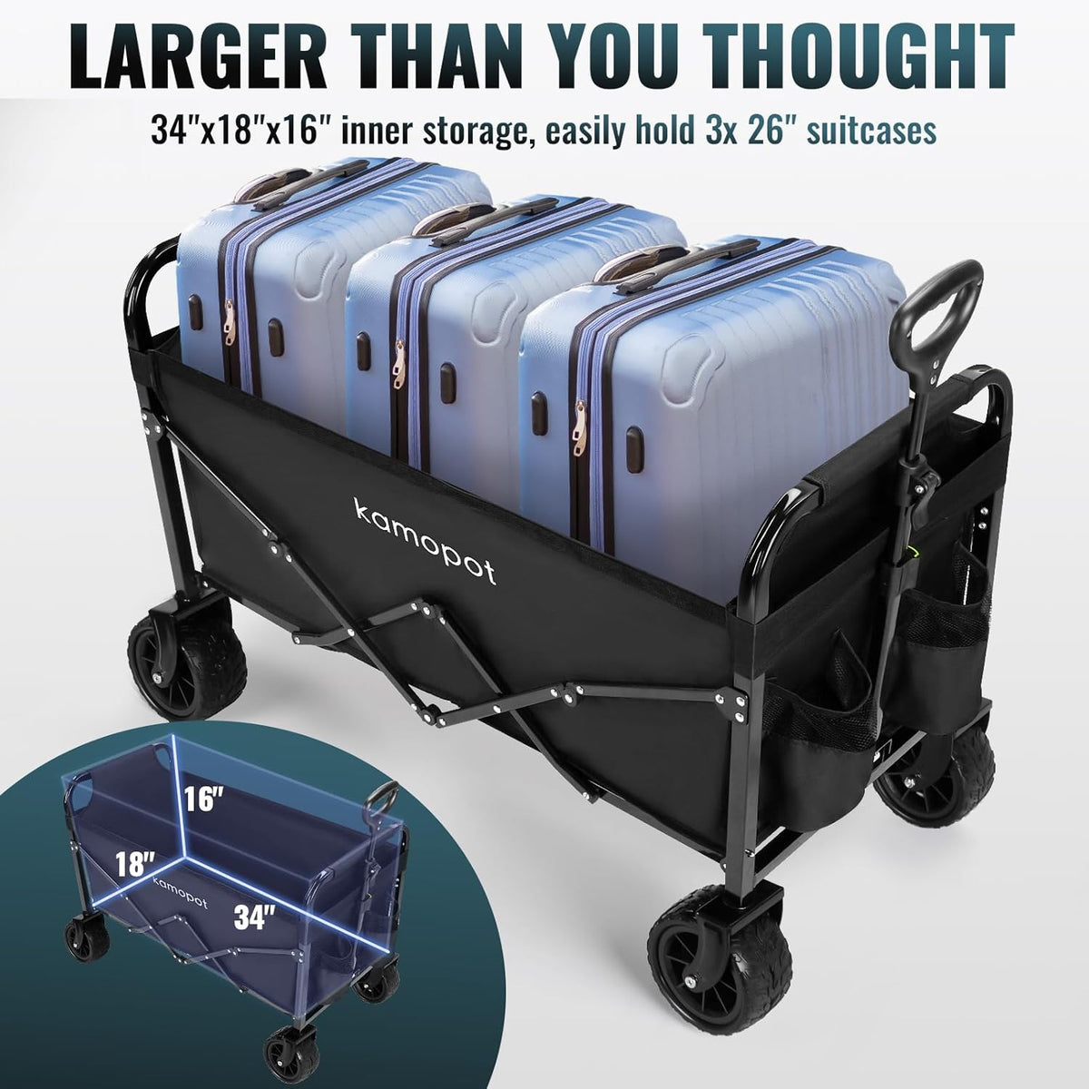 Large Collapsible Wagon Foldable for Beach, Yard, Grocery, Park, 34" x 18" Inner Storage. 300lb Heavy Duty Folding Utility Wagon on Big Wheels for Sand, Durable w/Cupholders