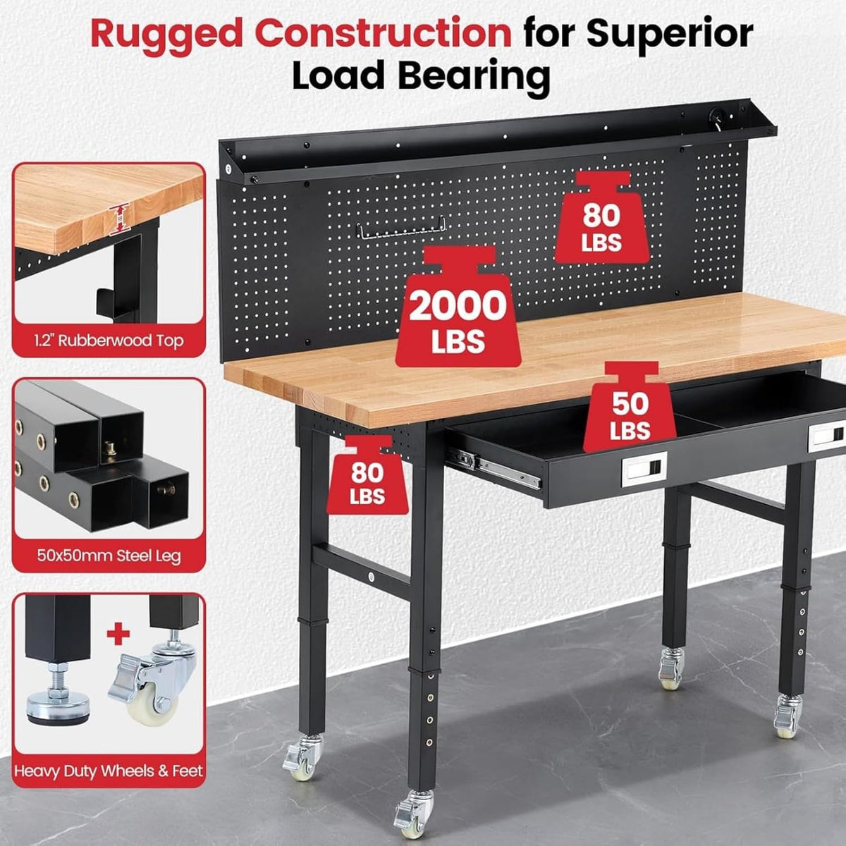Workbench with Wheels 60 x 22 Inch Adjustable Height Work Table for Garage Heavy Duty Rubberwood Tabletop Work Bench with LED, Drawers, Pegboard, Power Outlets for Office Home Commercial