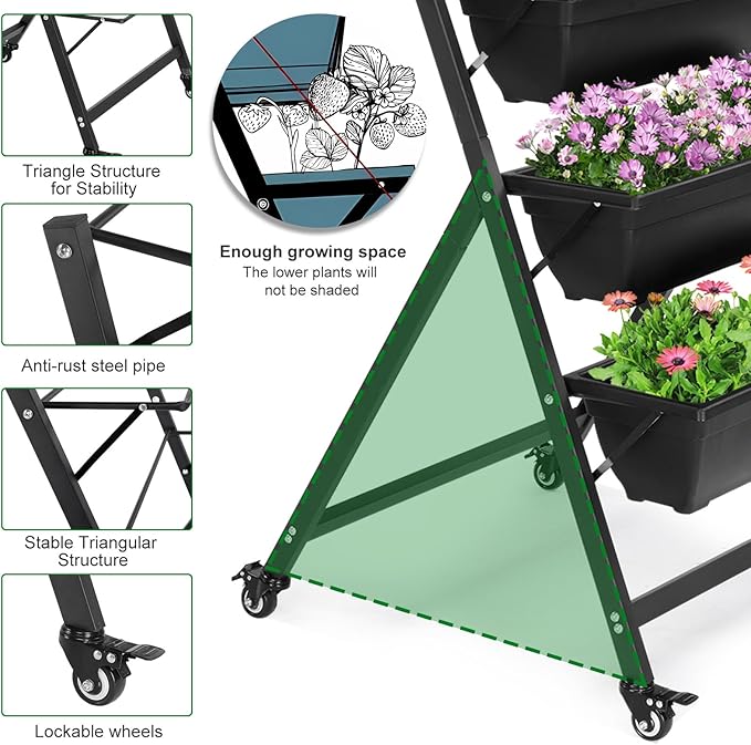 Outvita 4.4 FT Vertical Garden Bed, 5 Tier Vertical Raised Planter, Removable Black Raised Bed Box with 4 Wheels, Movable Elevated Vegetable Flower Planter for Patio Yard Indoor Outdoor