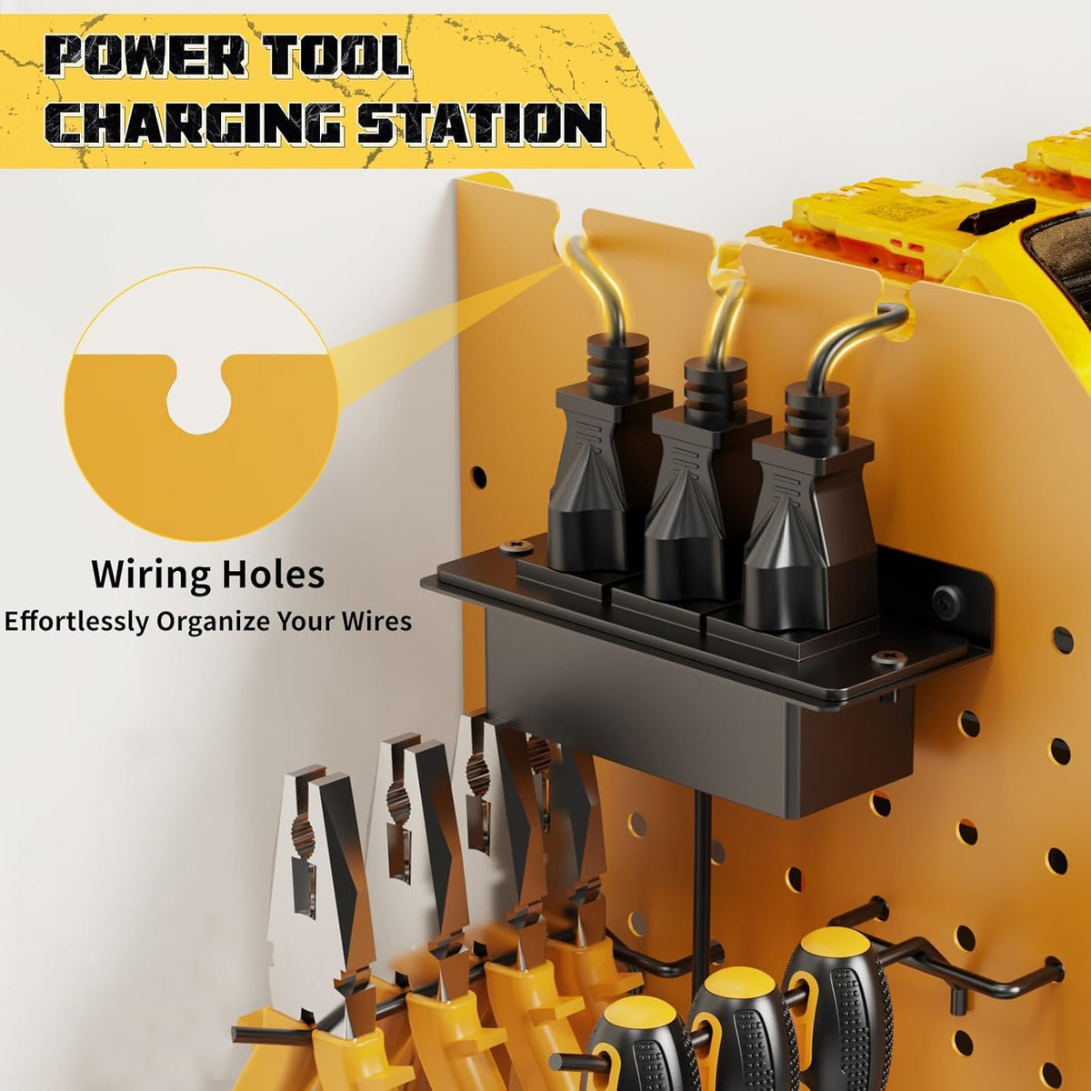 Power Tool Organizer with Charging Station Wall Mount, 3 Layer Expanded Heavy Duty Garage Organization, 45.5 Inch Length Garage Tool Storage, 8 Drills, 2 Assemble Method, Yellow