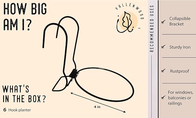 6 Pieces, 4 inches Iron hanging Flower Pot. Metal Plant Wall Hanger, Vertical Yard Garden. Planter Hook Ring, Rail Metal Fence. Indoor and Outdoor. Wire Trellis. Collapsible Bracket. (4 inches)