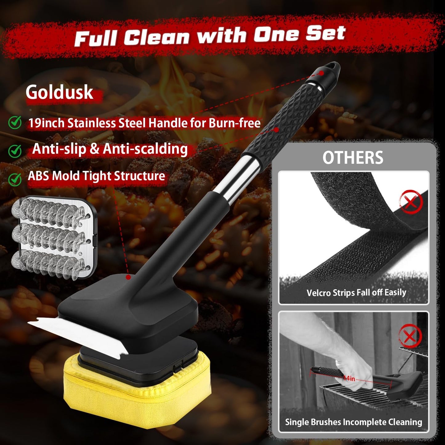 Grill Brush, Full Clean with One Set- Goldusk 19" Safe Replaceable Stainless Steel Grill Brush + Scraper + Bristle Free Steam Grill Brush for Outdoor Grill Accessories BBQ Brush Barbecue Gifts for Men