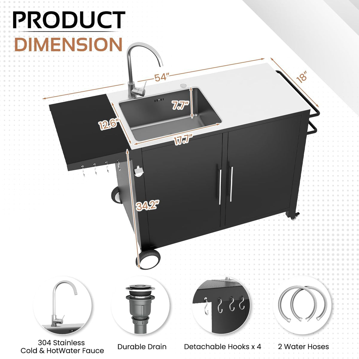 Outdoor Kitchen Sink with Hose Hook up, Stainless Steel Worktable Kitchen Cabinet Island, Grill Prep Table Work Station, Grill Cart for Garden, Backyard and Lawn