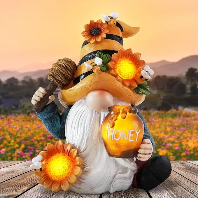 Hodao Spring Resin Garden Bumble Bee Themed Gnome Decorations-Solar-Powered Radiance-Honey Gnomes World Day Gifts Summer Lawn Garden Porch Sculptures & Statues Decorations