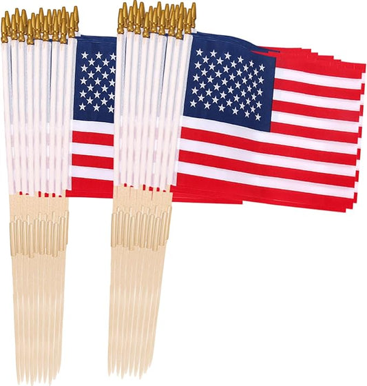 50 Pcs 12x18 Inch American Flags on Stick, American Flags, USA Stick Flag with Handheld and Grounded Multi-Purpose Flagpole, Design for Memorial Day, 4th of July, Veterans Day