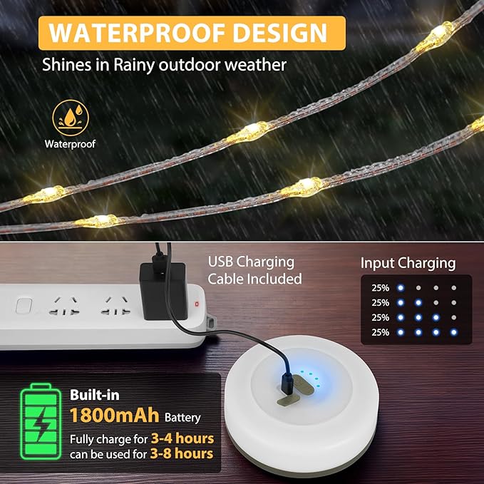 Camping String Lights, 4 in 1 Quick Storage Camping Essentials Gear 32.8FT Rechargeable Tent Lights with 9 Modes Hanging Waterproof LED Camp Lamp for Camping Hiking Patio Garden Festival -Warm +RGB