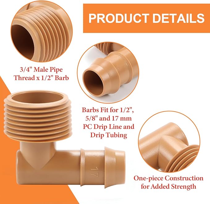 12 Pieces 3/4 Inch PVC to 1/2 Inch Drip Irrigation Adapter Fittings, 3/4" Male Pipe Thread(MPT) x 1/2" Drip Line Barbed Elbow Connectors 3/4-in PVC to 1/2-in Poly Tubing Adapter