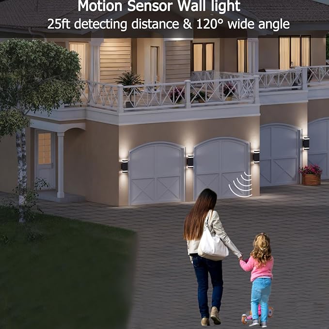Motion Sensor Outdoor Wall Lights, Dusk to Dawn Exterior Light Fixtures with 3 Modes, Modern Up Down Wall Sconce, Waterproof Aluminum Porch Light for Garage, Patio, Front Door – Matte Black