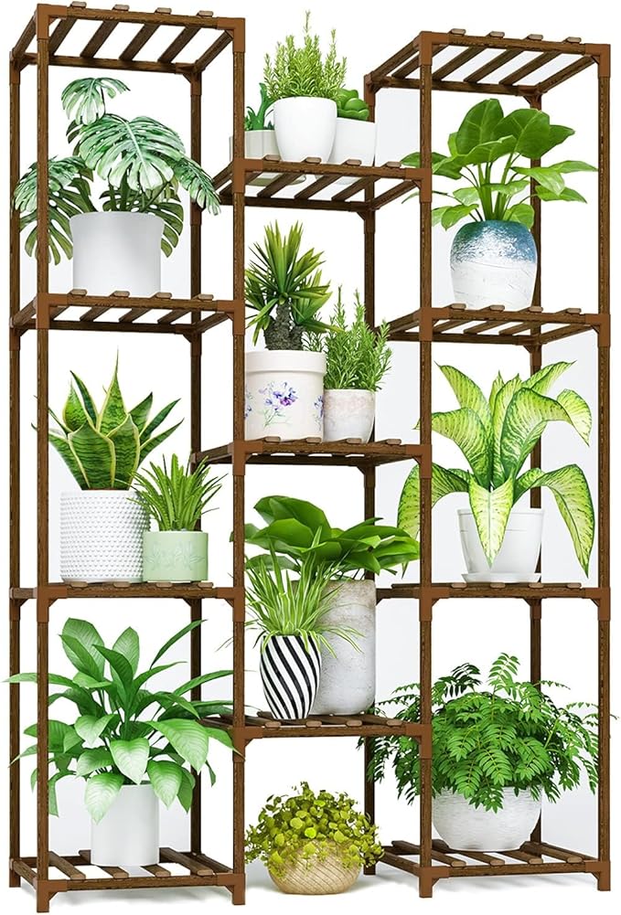 Bamworld Plant Stand Indoor Outdoor Tall Plants Shelf for Multiple Plants Pots Wood Flower Stand Large 11 Pots Plant Holder for Living Room, Patio, Balcony, Garden