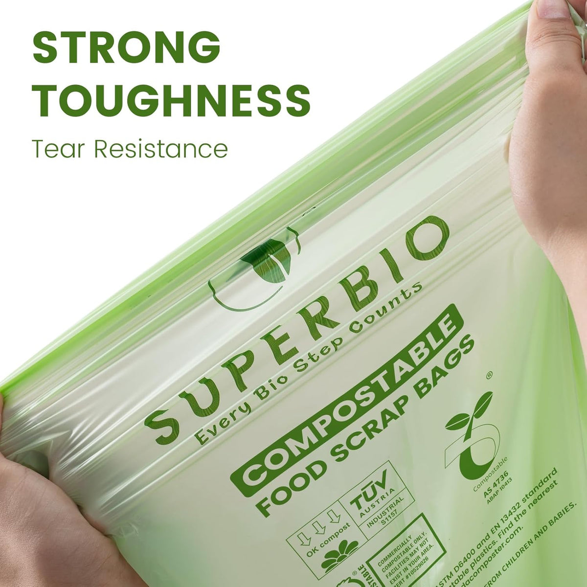 SUPERBIO 1.6 Gallon Handle Tie Compostable Food Scrap Bags For Counter Top Compost Bin, Small Compost Bags, 50 Count, 6 Liter, BPI & OK compost INDUSTRIAL Certified