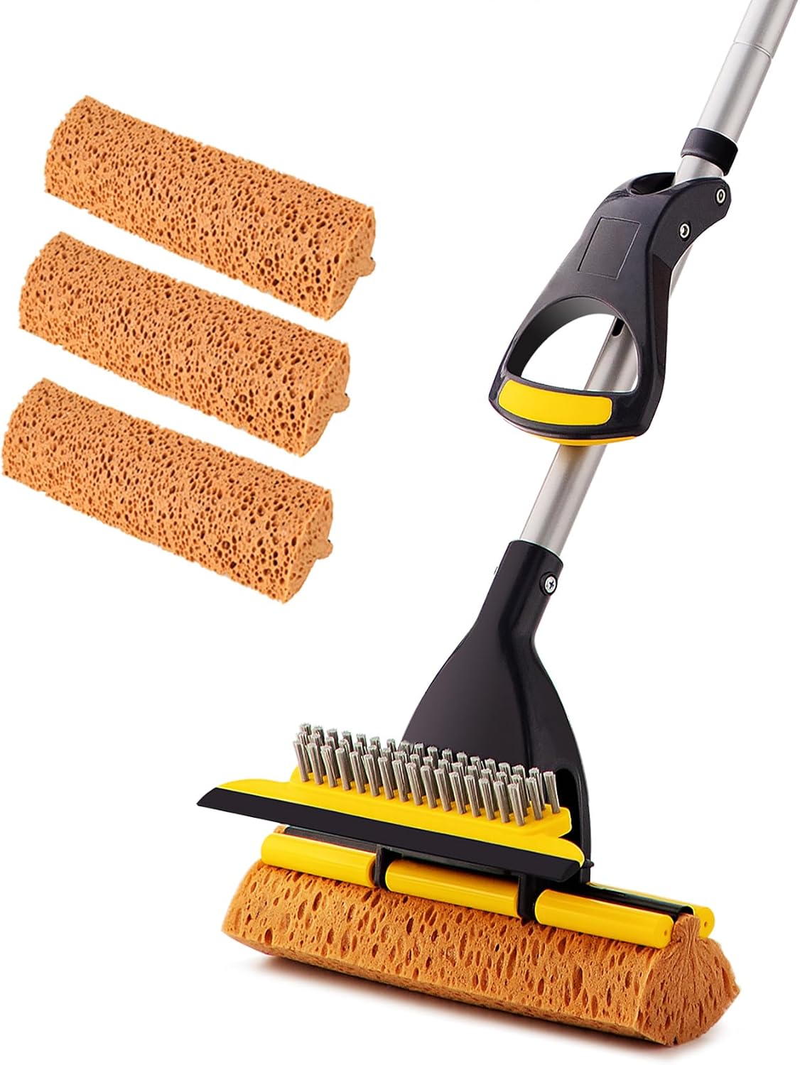 Yocada Sponge Mop Home Commercial Use Tile Floor Bathroom Garage Cleaning Total 3 Sponge Heads Squeegee and Extendable Telescopic Long Handle 42.5 to 52 Inches Easily Dry Wringing Only 3 Heads