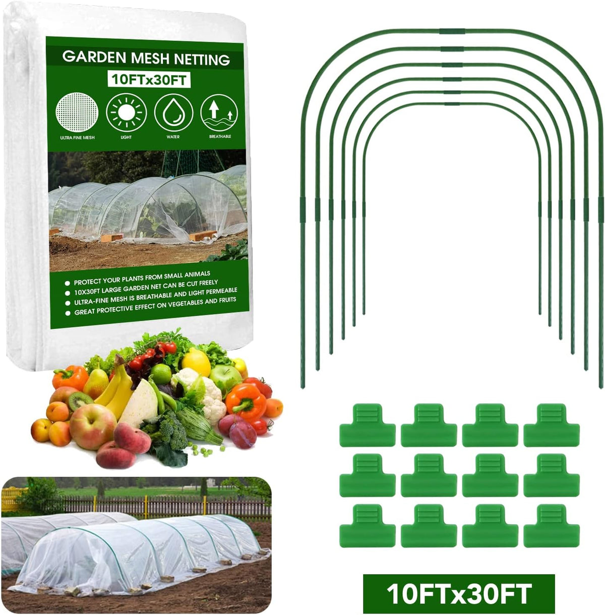 Garden Mesh Netting Kit - 10x30ft Ultra Fine Mesh with 6 Sets Hoops & 12 Clips, Bird Netting Protection for Fruit, Vegetable, Flowers & Animals, Greenhouse Cover