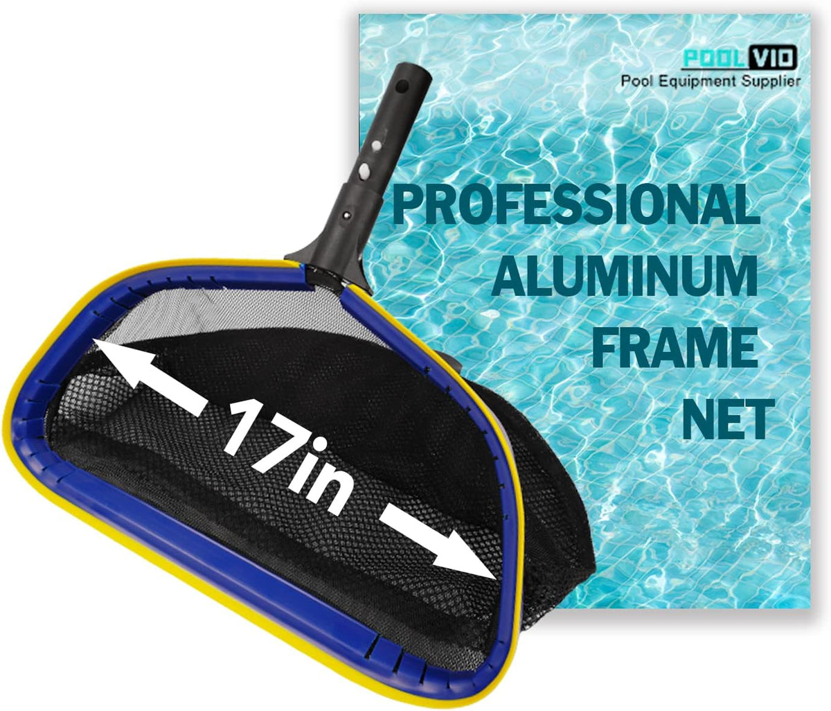 Poolvio Pool Deep Skimmer Net with 3ft - 10ft 1.0mm Thick Adjustable Aluminum Pole & Fine Mesh Bag Leaf Skimmer Rake Net for Above Ground & Inground Swimming Pools, Removes All Debris