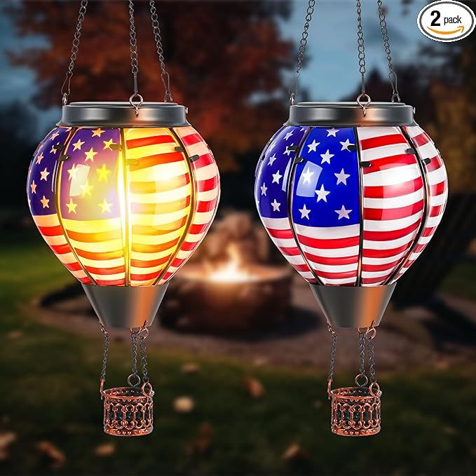 2 Pcs 20 Inch Flag Hot Air Balloon Hanging Solar Lantern Outdoor Garden Decor Waterproof Hot Air Balloon Flame Lantern for Lawn Porch Yard